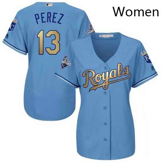 Womens Majestic Kansas City Royals 13 Salvador Perez Authentic Light Blue 2015 World Series Champions Gold Program Cool Base MLB Jersey